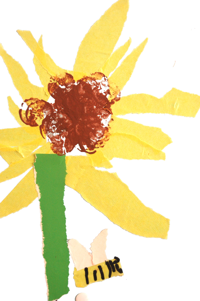Kinderbild: Sonnenblume mit Biene, Reißtechnik und Druck
