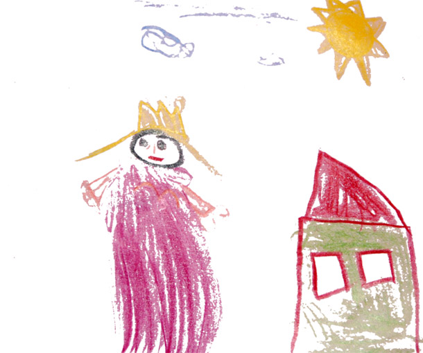 Kinderbild: Wolken, Sonne, Haus, Prinzessin